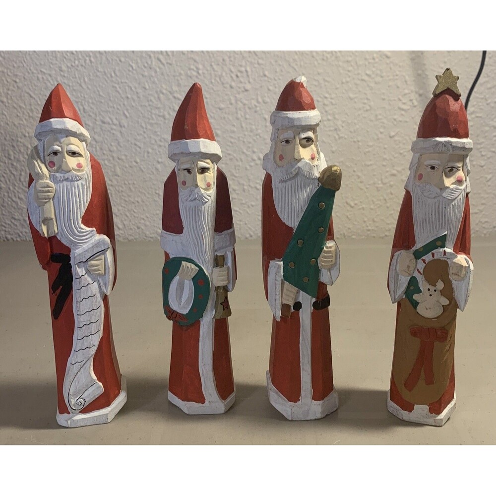 Vintage Carved Wooden Pencil Santa Claus Figurines Folk Art Christmas Lot Of 4